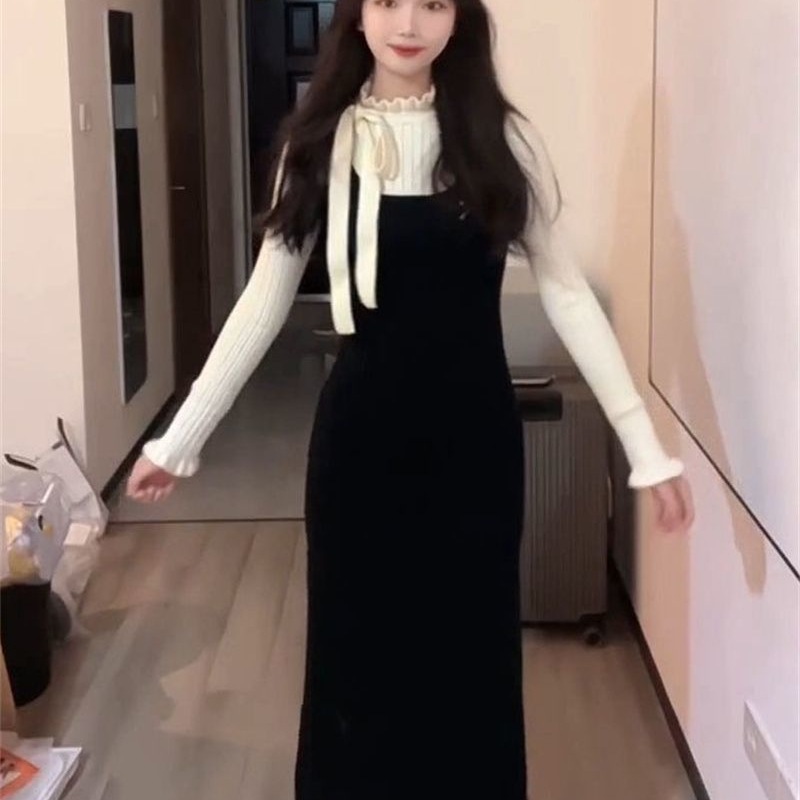 韩版时尚甜美气质蝴蝶结假两件连衣裙女学生秋冬收腰显瘦超仙长裙|undefined