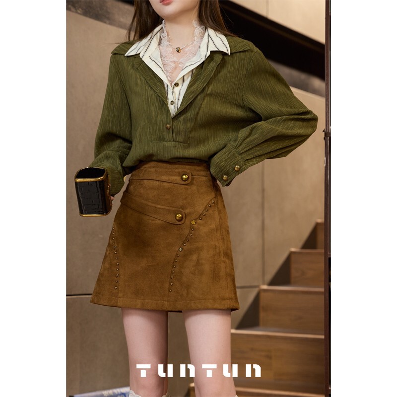 Hippie Lady Romantic and Uninhibited Suede A-Line Short Skirt Fashionable and Stylish Fake Two-Piece Shirt Top Two-Piece Set for Women