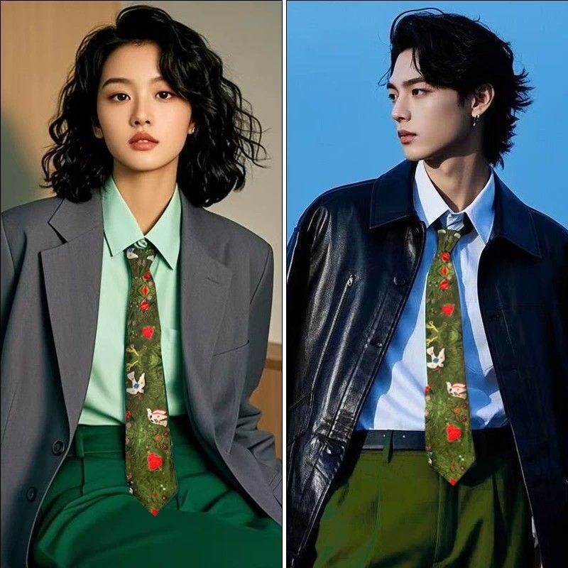 Tie Shirt for Men and Women, Artistic Red and Green Niche Fashion Casual Accessory with a Sense of Design, Y2K Personality, Flying Dove Tie Shirt for Men and Women, Artistic Red and Green Niche Fashion Casual Accessory with a Sense of Design, Y2K Personality, Flying Dove