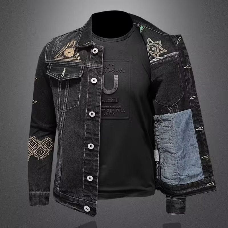 Cross-Border Amazon Retro Embroidered Denim Jacket Men's Slim Jacket Top Trendy Motorcycle Short Jacket Men