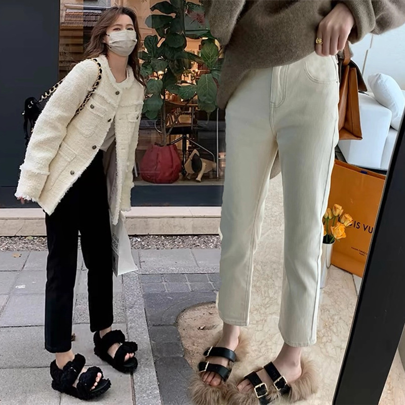 Apricot-Colored Maternity Jeans for Spring and Autumn, High-Waisted, Stretchy, Belly-Supporting, Nine-Point Straight-Leg Pants, Slimming, Suitable for Summer