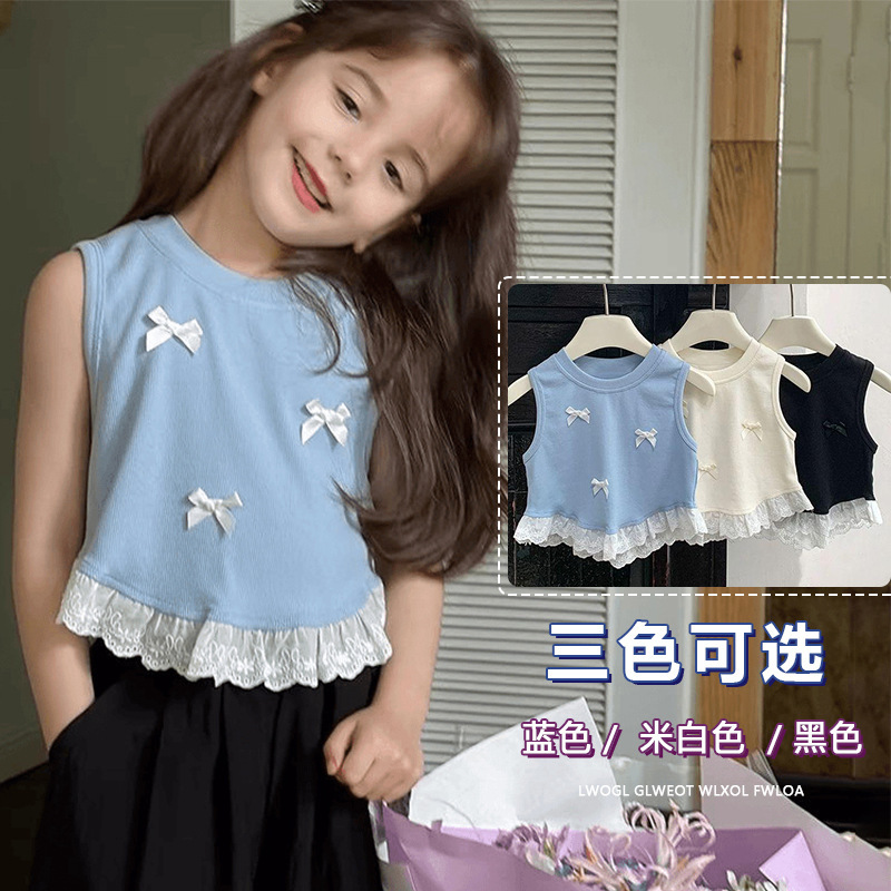 Girls' Bow-Tie Short Vest, New Summer Style, Sweet Patchwork Lace Sleeveless T-Shirt Top
