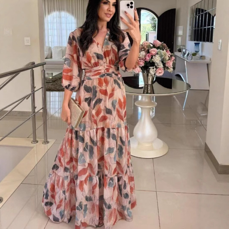 Amazon Foreign Trade 2026 European and American Women's Clothing Summer New Style V-Neck Fashionable and Elegant Printed Long Dress for Women