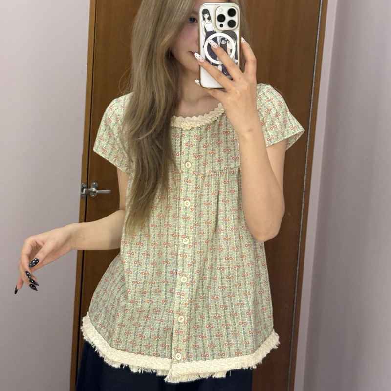 In-Stock Korean-Style Japanese Floral Print Pure Cotton Fresh Lace Round-Neck Button-Up Shirt Short-Sleeve Fringed Top In-Stock Korean-Style Japanese Floral Print Pure Cotton Fresh Lace Round-Neck Button-Up Shirt Short-Sleeve Fringed Top