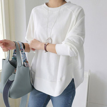 外贸跨境新款秋季冬季卫衣女式开叉圆领长袖气质打底衫纯色多巴胺