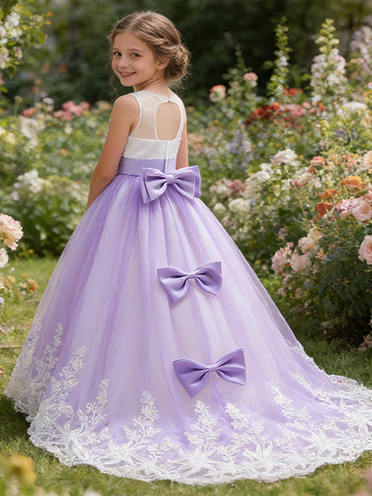 Vestido de noche formal para niñas, estilo princesa, con malla, encaje y pedrería, cola larga, transfronterizo.