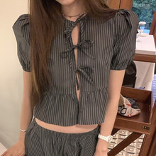 小众复古条纹系带泡泡袖短袖衬衫裙裤