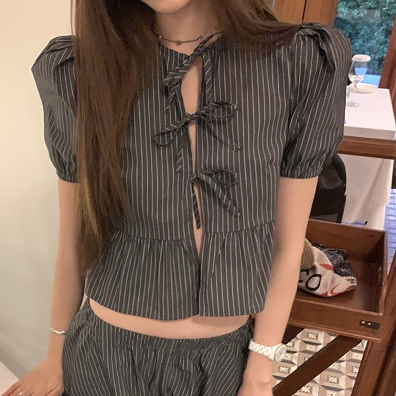 小众复古条纹系带泡泡袖短袖衬衫裙裤