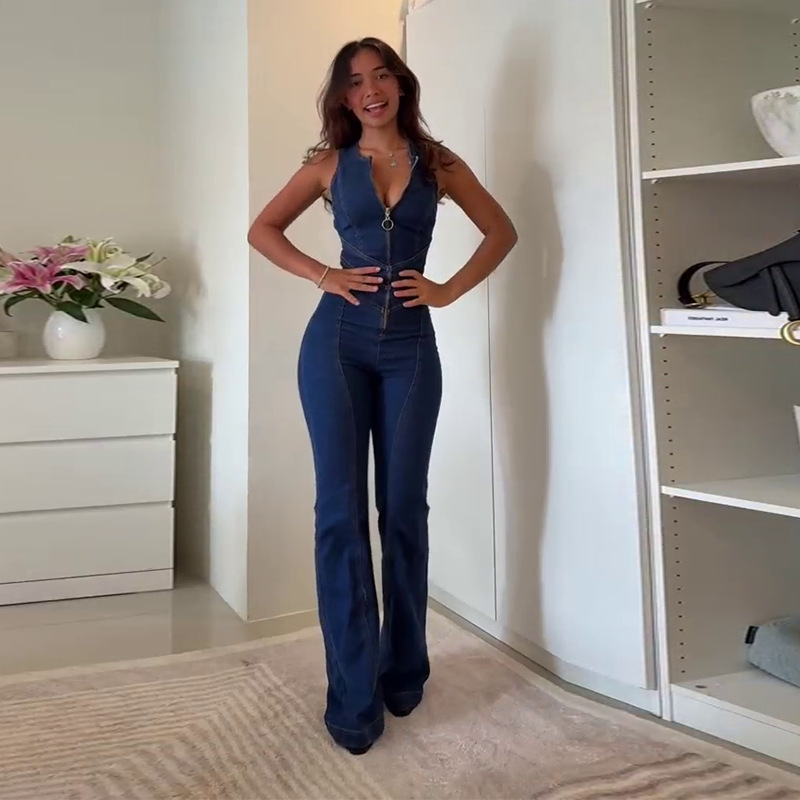 2025 New European and American Amazon Cross-border Trade Women's Fashion Sleeveless Low-cut Zipper Slim-fit Denim Pants