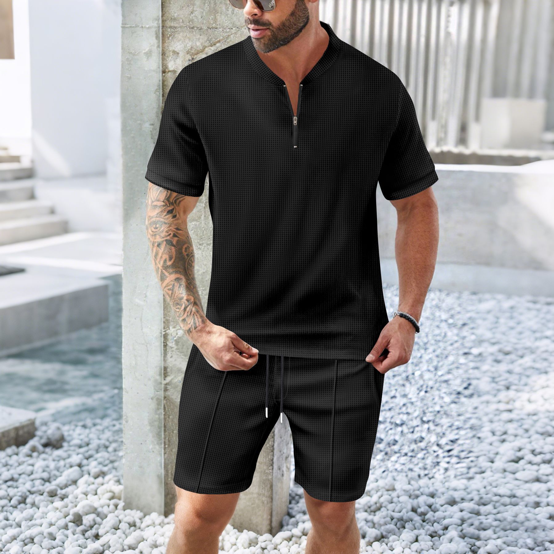 Men's European American Waffle Stand Collar Zipper Breathable Solid Color Casual Comfortable Short Sleeve Two Piece Set_voghion.com