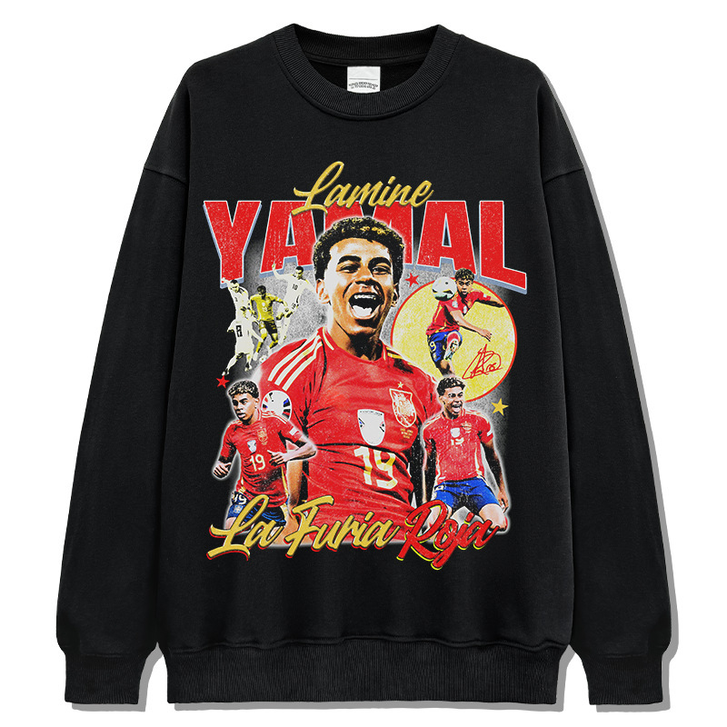 Yamal fútbol americano callejera hip-hop marca de moda impresión retro hacer vieja lavadora suéter suelta