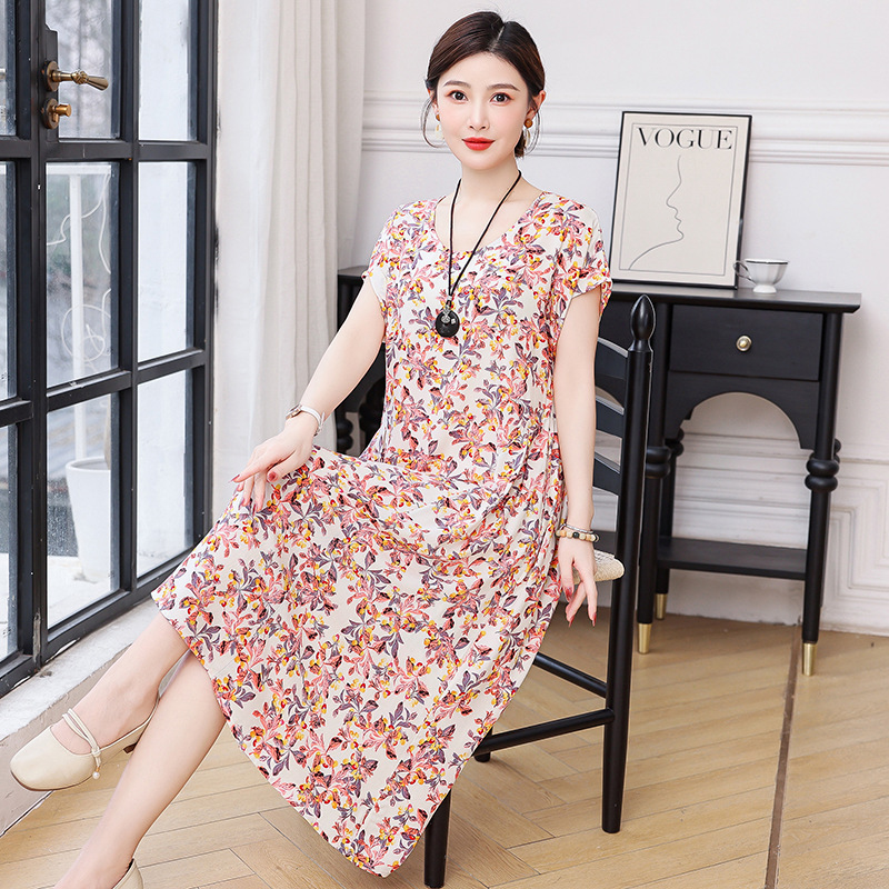 Skin-Friendly Cotton Silk Dress, Plus-Size Short-Sleeved Dress for Middle-Aged and Elderly Mothers, Home Wear, Can Be Worn Outside, with Pockets, Long Dress