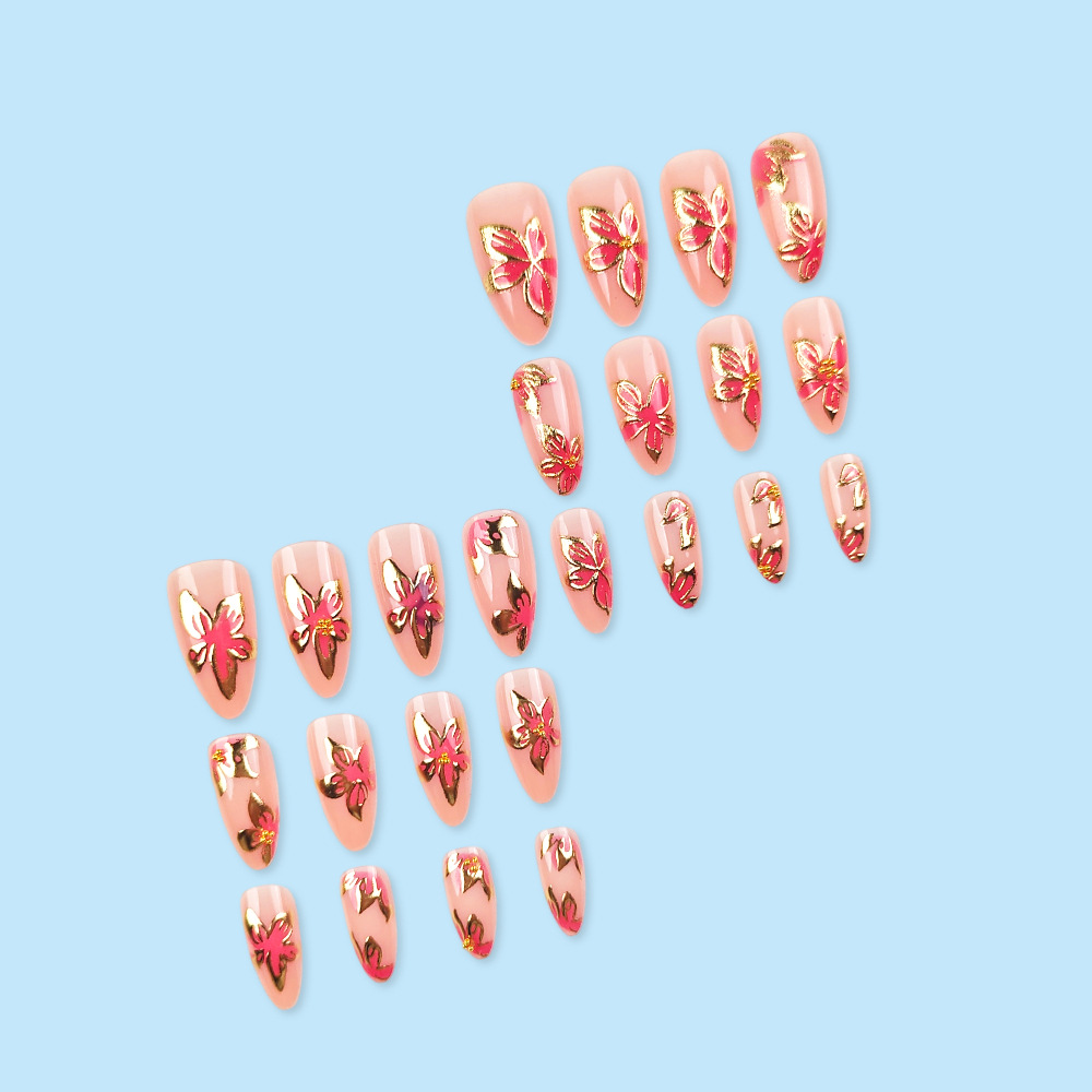 3D estereoscópico flores de oro leper almendras uñas de vestir comercio exterior suave viento uña falsa 24 piezas de uñas blanqueadoras