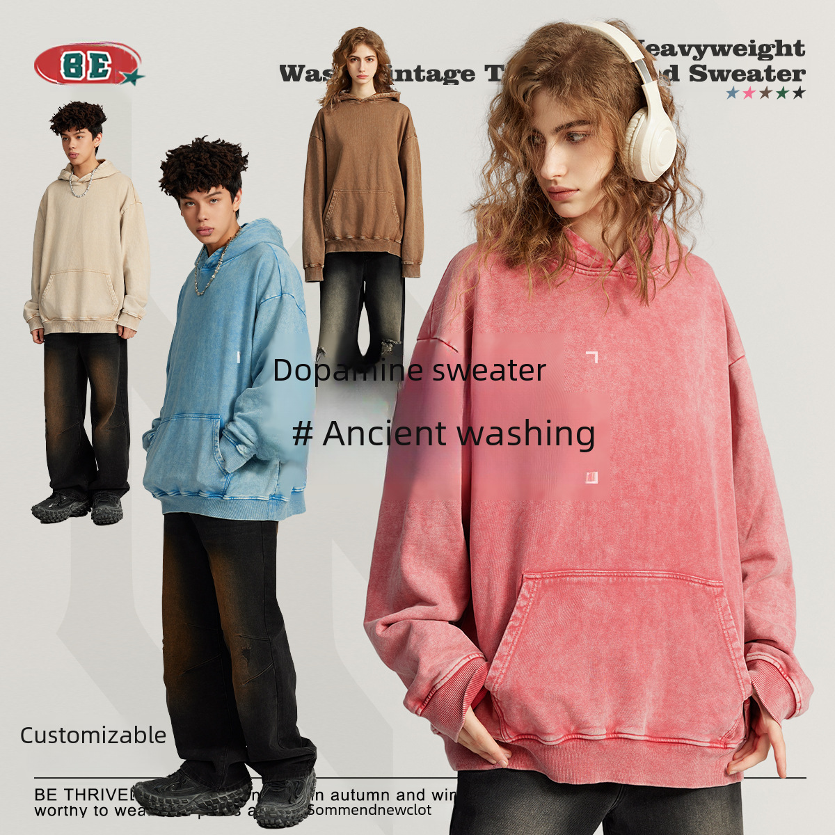 BE men's clothing 2025 autumn trendy brand loose sweatshirt men's European and American old batik couple's clothing heavy men's and women's clothing sweatshirts