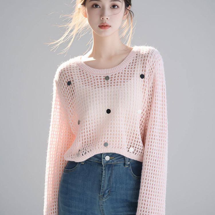 Spring 2026 Round Neck Loose Hollow-Out Blouse Women's Short Base Shirt Fashion Knitwear Thin Sequin Top Spring 2026 Round Neck Loose Hollow-Out Blouse Women's Short Base Shirt Fashion Knitwear Thin Sequin Top