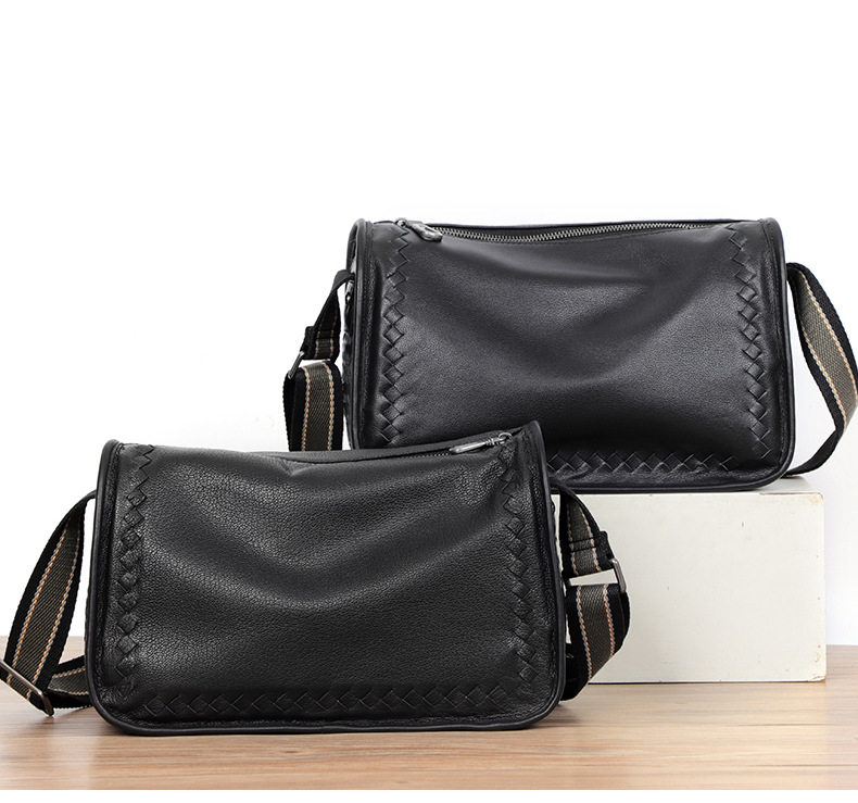 Túi đeo chéo nam da thật dệt đan 29×11×17 cm — Màu đen da bò, Màu đen da cừu chi tiết 3