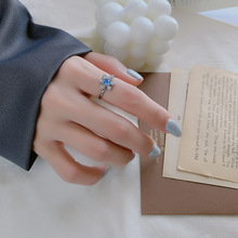 復古鑲鑽雪花女式手飾品s925純銀藍雪花戒指藍寶石18K金戒指女