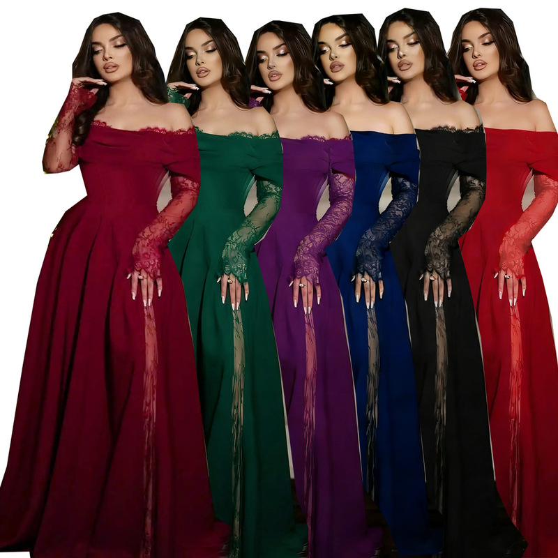 European and American Foreign Trade New Women's Clothing Amazon Burgundy Lace Sleeve Off-Shoulder Long Dress Elegant Evening Dress Hot-Selling Multi-Color