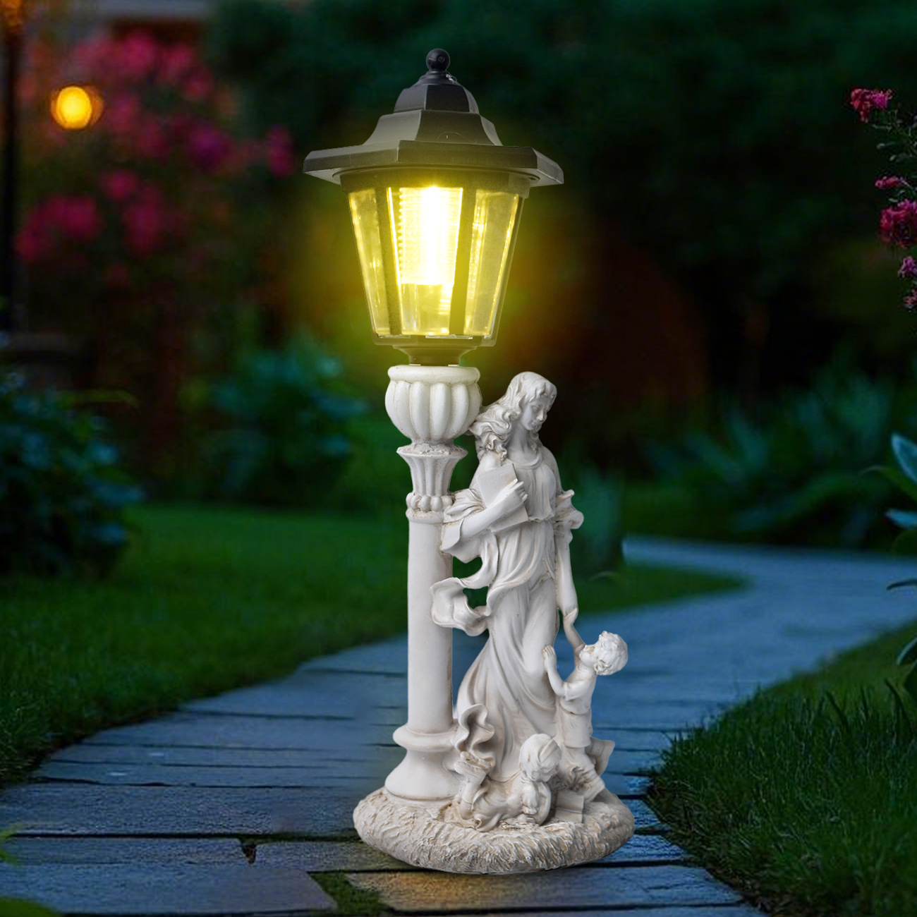 跨境树脂母子天使雕像太阳能户外灯家居庭院摆件花园路径雕塑装饰