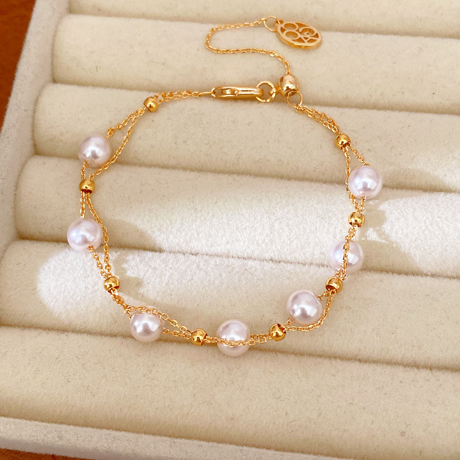 18k oro real chapado perlas de doble capa cruzada pulsera de extracción ligera pulsera de nicho de lujo personalidad joyas de mano mujer image 8