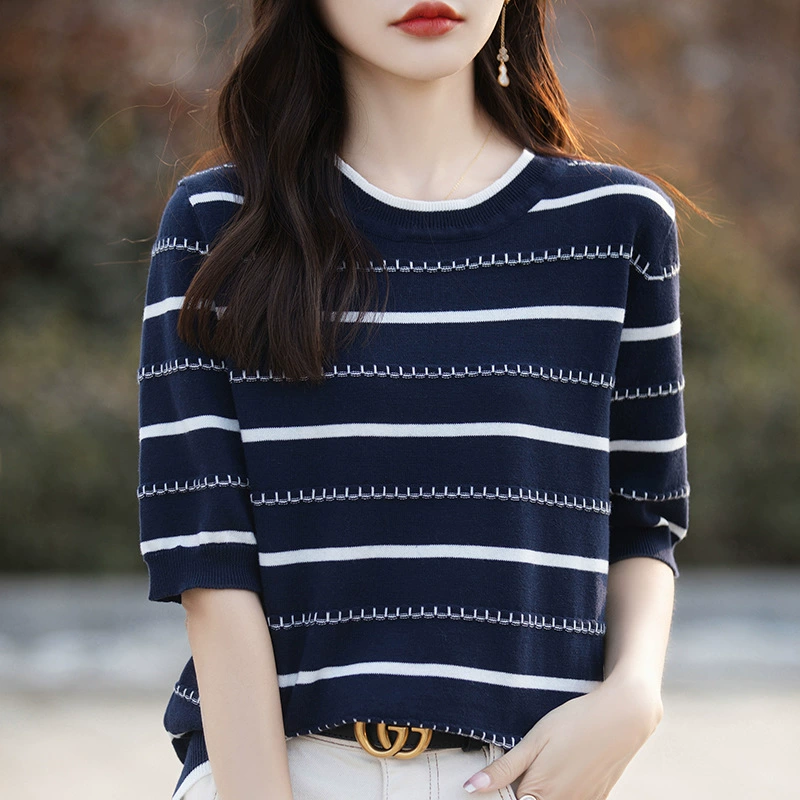 Летний новый топ из натурального хлопка в полоску с круглым вырезом и короткими рукавами, Женская свободная футболка для похудения, подходящая по цвету модная футболка с коротким рукавом