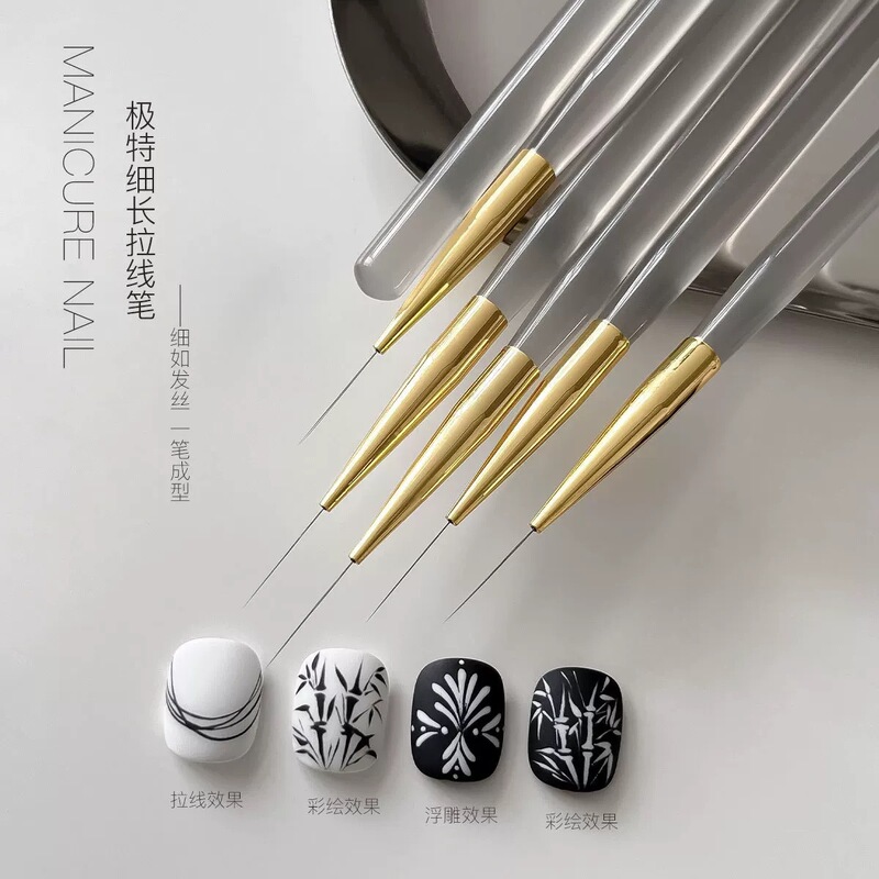 New Slim Line Drawing Nail Art Pen Set with Gray Acrylic Handle, 5-Piece Set for Line Drawing and Flower Painting Nail Art
