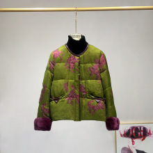 2025冬新款水貂毛皮草鹅绒服女短款印花复古显瘦圆领时尚外套高端