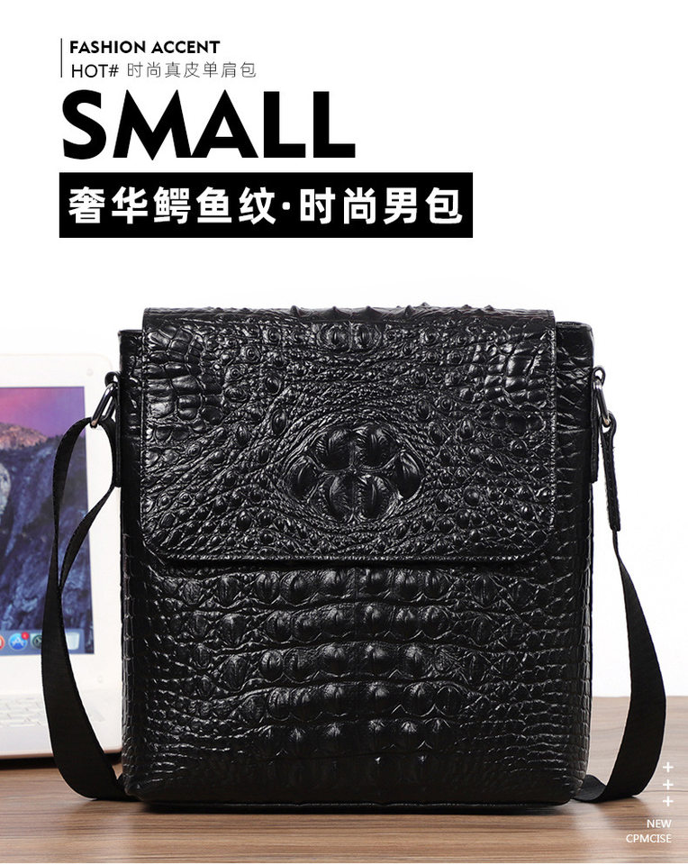 Túi đeo chéo nam da bò thật vân cá sấu, túi đeo vai mở rộng đựng vừa máy tính bảng 8 inch — Màu cà phê, Màu đen chi tiết 1
