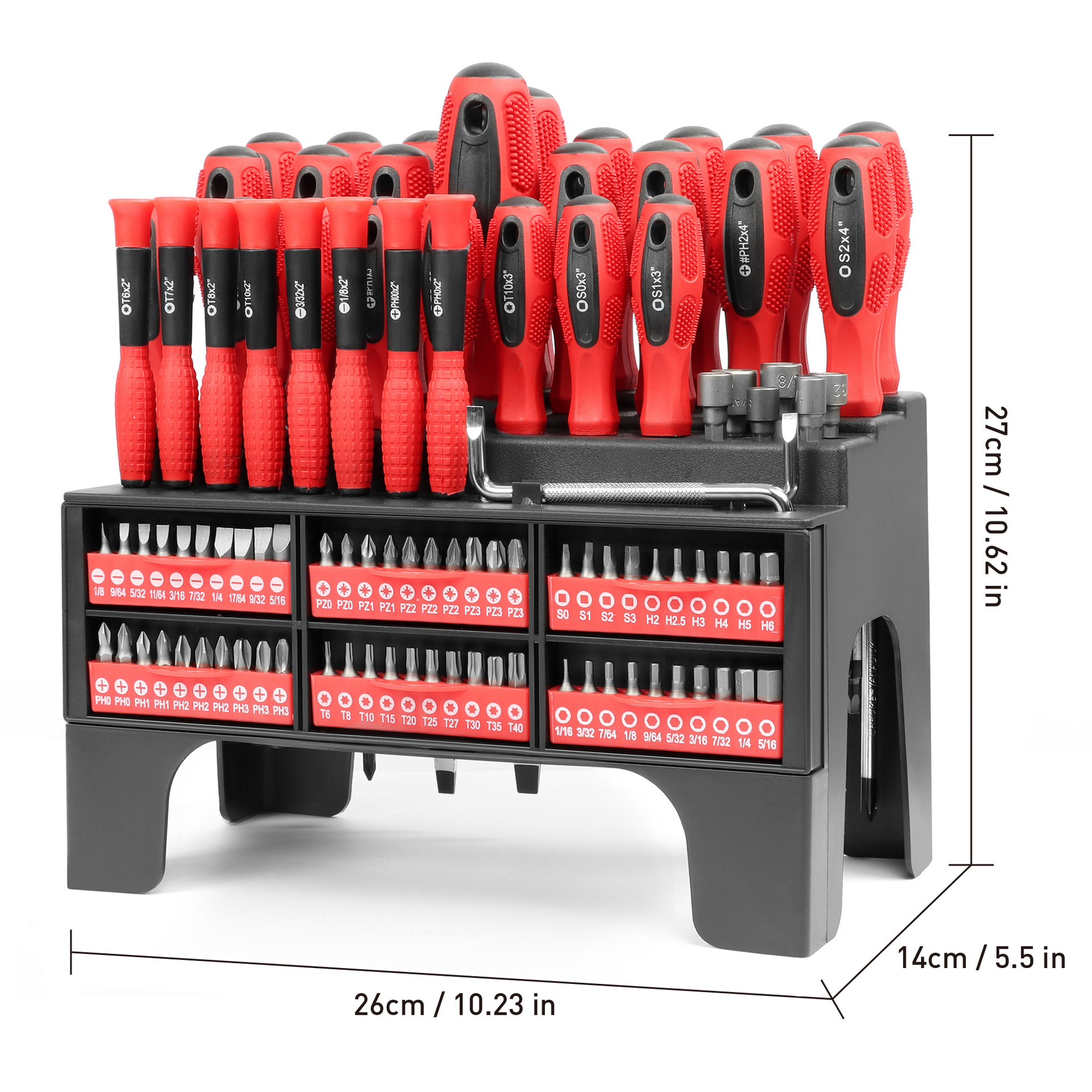 Un conjunto de destornillador magnético de soporte de plástico de 100 piezas, incluido un destornillador de precisión y cabeza de lote y un magnetizador