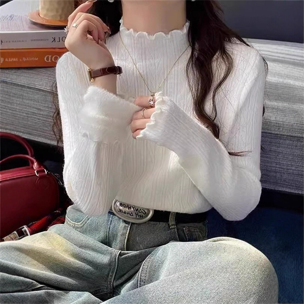 纯色加绒打底衫女秋冬季内搭毛衣加厚保暖一体绒木耳边半高领上衣