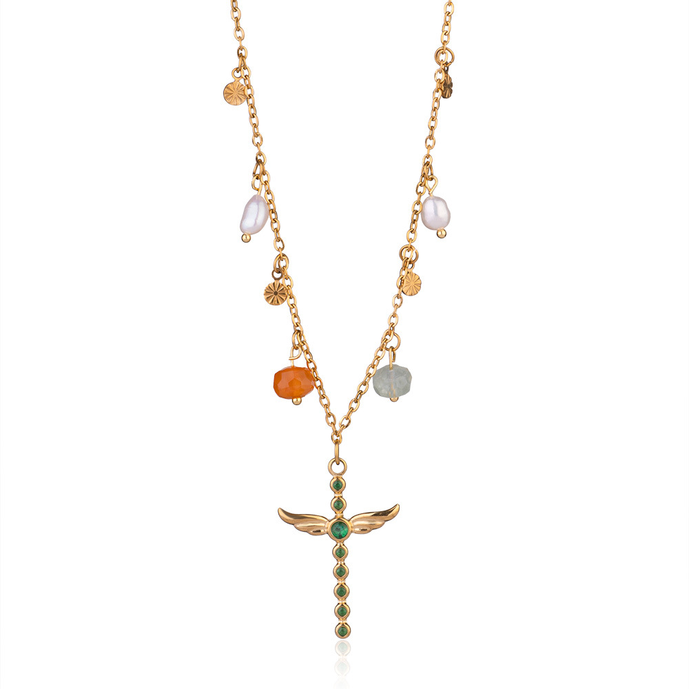 Plating Design Vacation Classic Style Cross Natural Stone Titanium Steel Cable Chain Pendant Necklace In Bulk