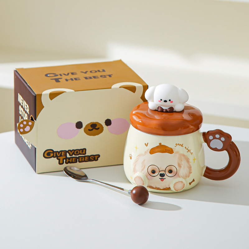 Taza de cerámica de alto valor nominal ins para cachorros con tapa para casa encantadora pareja taza de café para desayuno para acompañantes taza de regalo