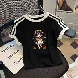 工厂直批纯棉女童半袖卡通印花拼色T恤潮中大童夏季短袖打底童装