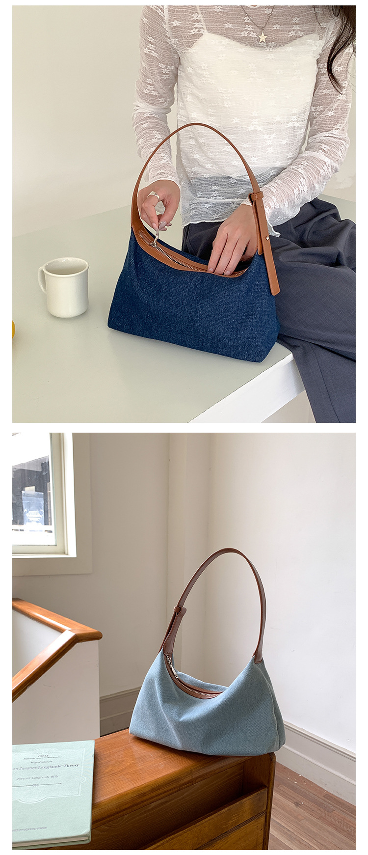 Borsa in denim versione coreana, in PU, casual, estiva, nuova, monospalla, borsa da ascella, borsa di alta gamma di nicchia da donna_voghion.com