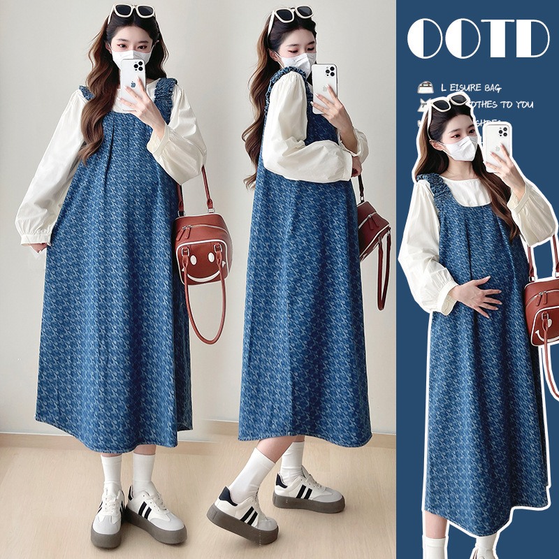 New 2024 Maternity Dress Autumn Korean Style Loose Age-reducing Denim Dress with Long Sleeve Shirt Two-piece Set