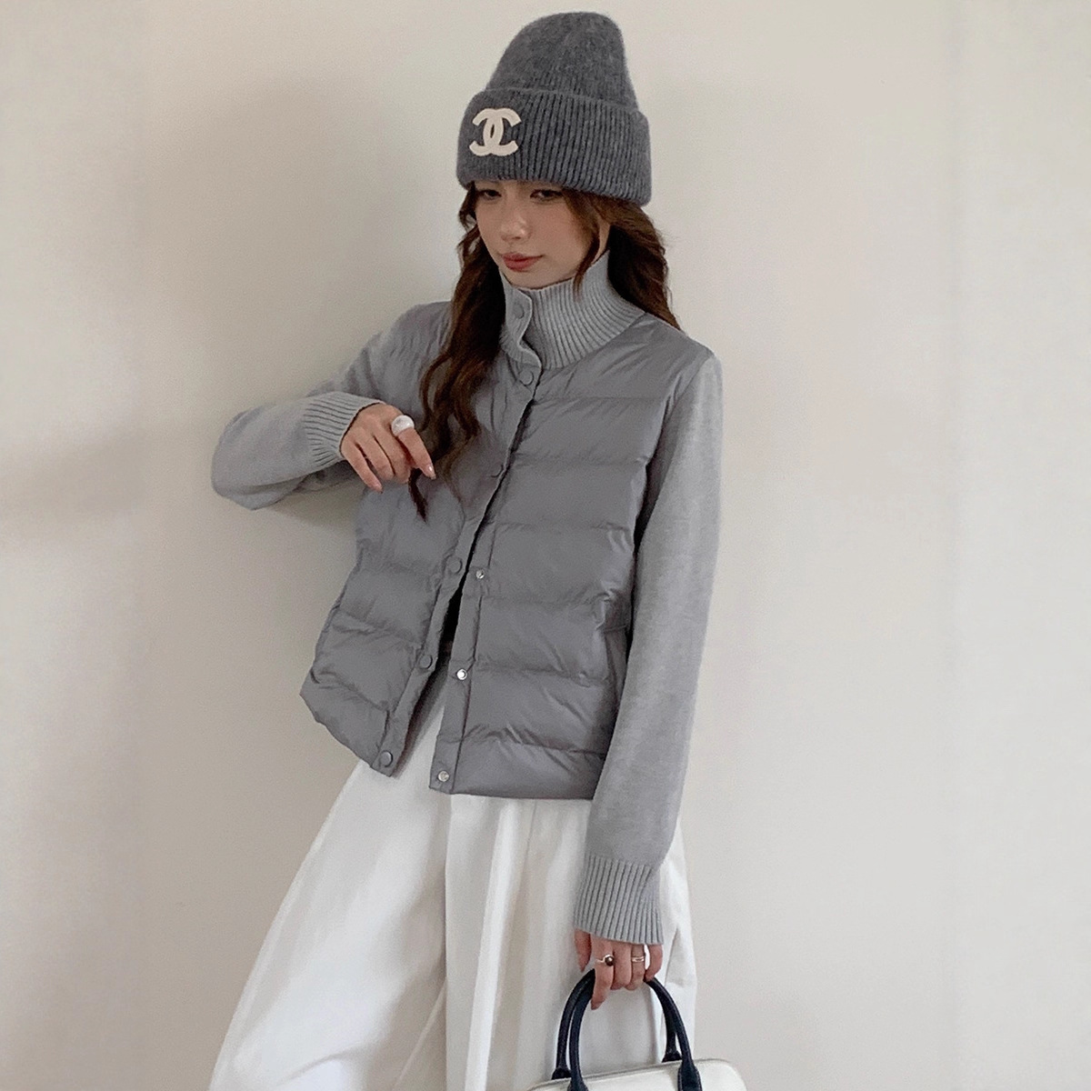 柚蜜儿 新款空气棉绒服女针织袖保暖纽扣开衫外套轻薄设计感上衣