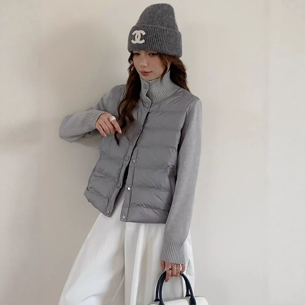 柚蜜儿 新款空气棉绒服女针织袖保暖纽扣开衫外套轻薄设计感上衣