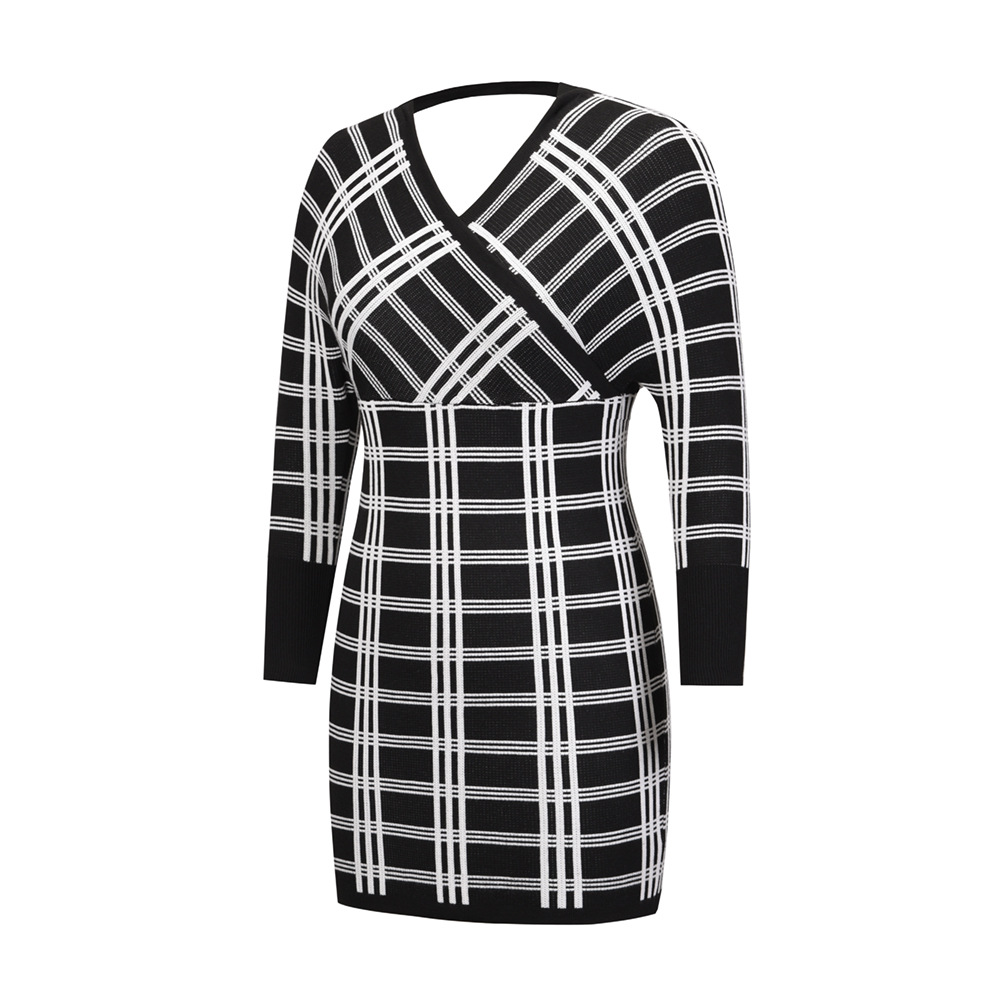Retro V-neck Check Long Sleeve package Hip Short Knitted dress nihaostyles wholesale clothing NSHYG84119