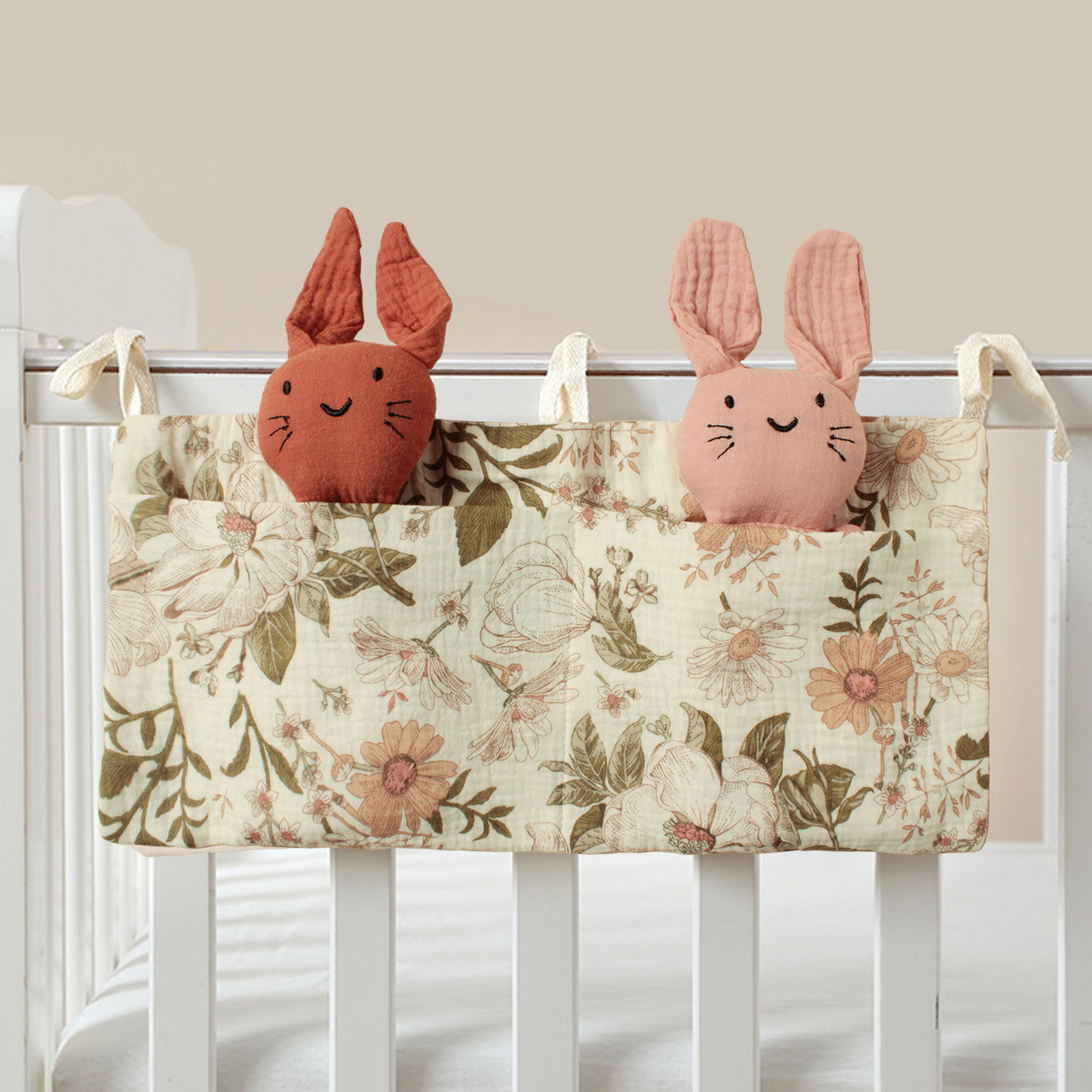 Europeo y americano de doble capa de algodón puro bebé bolsa de almacenamiento de cabecera doble bolsillo cochecito bolsa colgante impreso biberón bolsa colgante