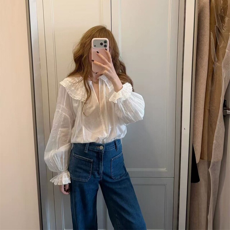 French-Style Niche 26 Spring-Summer New Lightweight Cotton Long-Sleeve Shirt with Doll Collar and Lace Splicing Loose Top