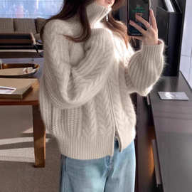 复古麻花双拉链纯羊毛开衫女秋冬新款高领加厚毛衣宽松针织衫
