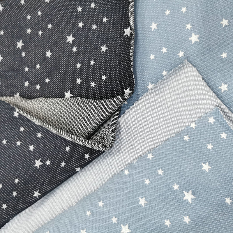 春夏弹力针织牛仔布棉涤弹力星星印花童装外套针织牛仔布料