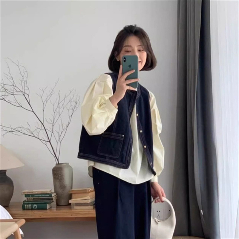 日本のレトロなデニムベストジャケット女性のための春と夏の新しいレイヤード多用途ハイエンドチョッキベストノースリーブカーディガン|undefined