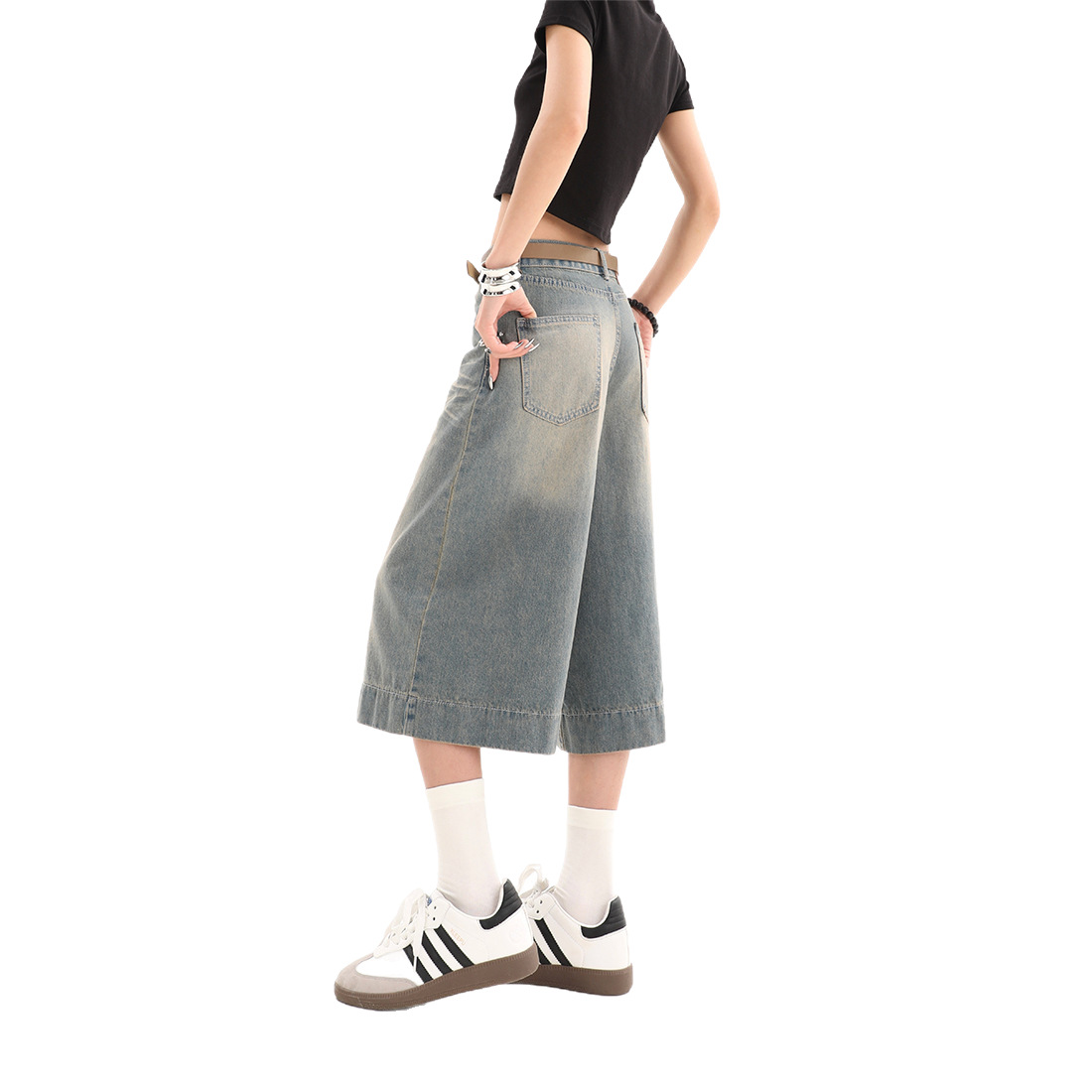 American Niche 7-point Jeans Loose Summer Vintage Washed Straight Leg Pants for Boys Ins All-match Shorts Wide Leg Pants