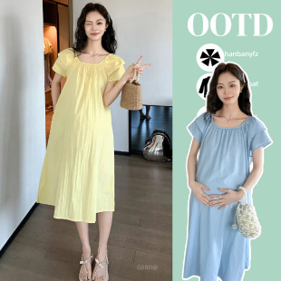 2025 large number of in stock maternity chiffon dress summer dress small fly sleeve skirt with pockets M to XXXL