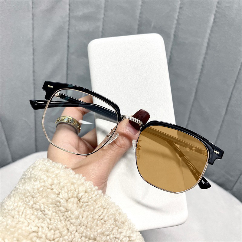 Gafas de media montura que cambian de color fotosensibles para hombres, cara grande, gafas de miopía de moda anti-luz azul, las mujeres pueden equiparse con ojos planos