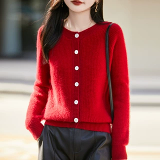 通勤简约小香风100%纯羊毛衫女圆领开衫加厚纯色保暖针织羊绒外套
