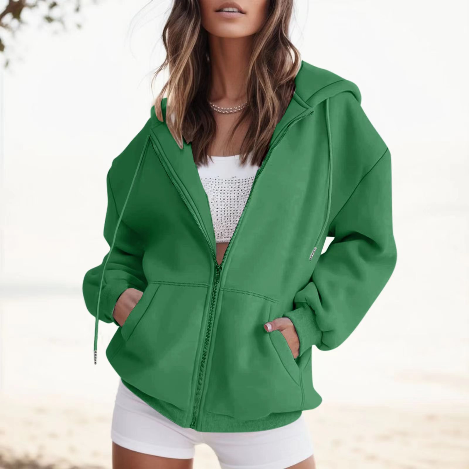 Amazon transfronterizo 2023 europeo y americano nuevo suéter con capucha engrosada casual cardigan cremallera estilo superior ropa de mujer