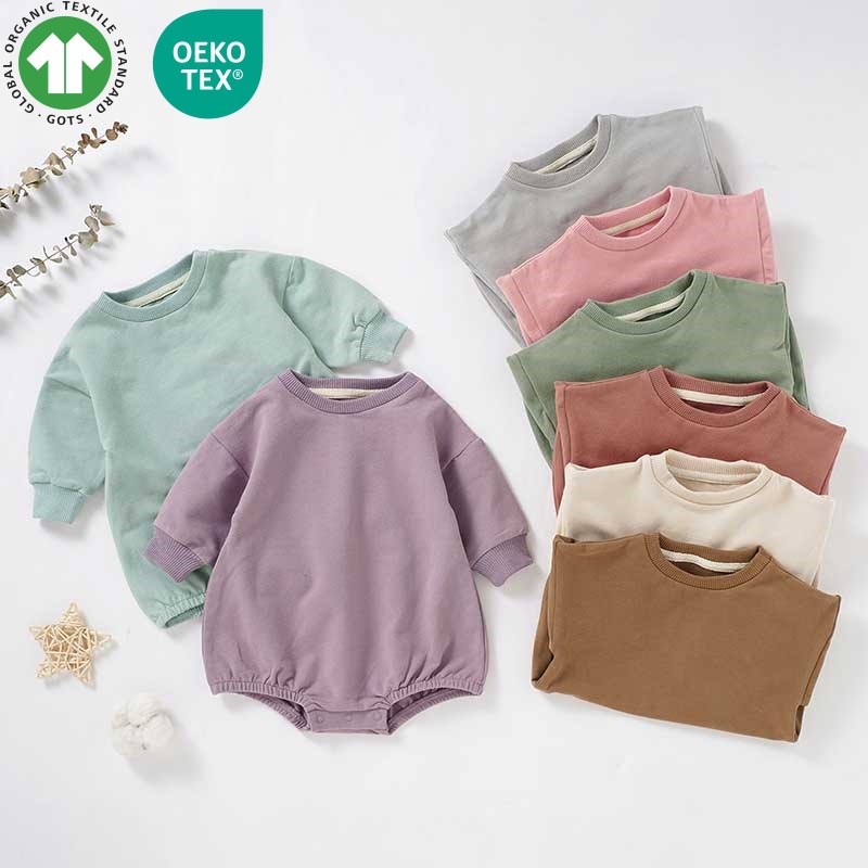 Cross-Border Baby Romper with Long Sleeves Made of Terry Cloth, Solid Color Sweatshirt Fabric for Infants and Toddlers, Gots Certified