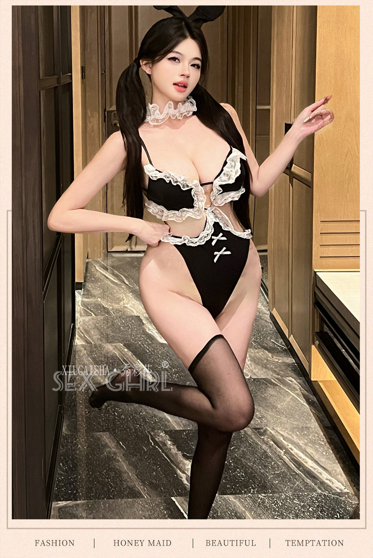 Bunny Girl Maid Lingerie Three-Piece Set with Push-Up Bodysuit and Open-Crotch Stockings — detail image 10